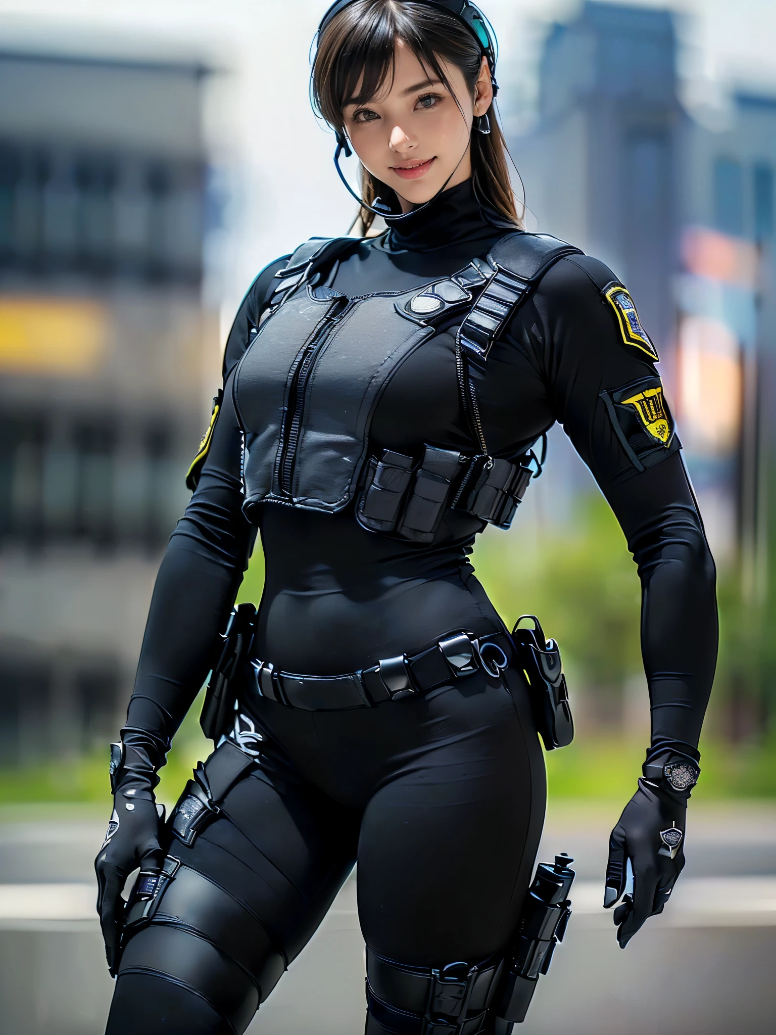 (Two Women),(((Female SWAT officers standing side by side:1.5))),((Black Tactical Bodysuit:1.5)),((Black headset:1.5)),((black tactical holster:1.5)),(Black gloves:1.5),((wearing the same uniform:1.5)),(smile:1.5),(Beautiful Eyes:1.3),(Very detailedな顔:1.5),((Very detailedな女性の手の描画:1.5)),((Muscular:1.5)),(Sexy Looks:1.5),((Thick thighs:1.5)),(Beautiful body:1.5),((Very sensual:1.5)),(The background is the city:1.5),(((Blur the background:1.5))),(Written boundary depth:1.5),break(((masterpiece:1.5),(highest quality:1.5),(Very detailed:1.5),(High resolution:1.5),(Realistic:1.5),(Realistic:1.5),(Delicate depiction),(Careful depiction))),8k,wallpaper