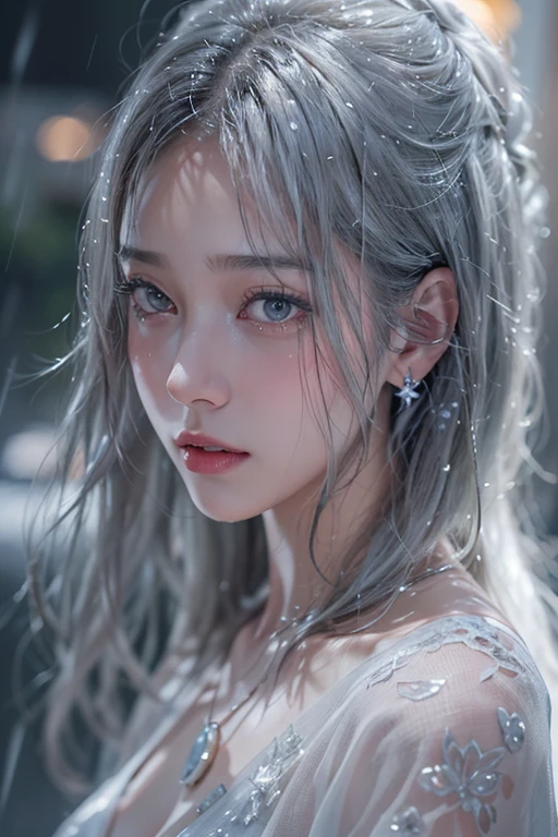 (masterpiece:1.3), (8k, Realisticistic, RAW Photos, Best image quality: 1.4), Fair skinの妖精の女性、Long Hair、Cleavage:2.0、Highly detailed face、Attention to detail、double eyelid、Chest to chest、Sharp focus:1.2、Beautiful woman:1.4、Silvery white hair、highest quality、masterpiece、超A high resolution、(Realisticistic:1.4)、Highly detailed and professionally lit smiles、Loose, Light, Shoulders out、thin、Serious expression、Short-haired、Deadly position, Gorgeous Accessories, one person (RAW shooting, Realistic:1.5, 8k, highest quality, masterpiece, Ultra-high resolution), (((heavy snow))), Perfect dynamic composition:1.2, (Modern city night view City building facade, Expressions of sadness:0.9, Tears flow:0.9, Crying with a broken heart:0.9), Highly detailed skin and facial textures:1.2, Slim office lady wet with rain:1.3, Fair skin:1.2, Sexy beauty:1.1, Perfect Style:1.2, beautifully、beautiful:1.1, Very beautiful face:1.2, Water droplets on the skin, (Rain drips down on my body:1.2, Wet body:1.2, Wet Hair:1.3), (Holding a bloody sword:1.2, How to properly wear a wet white blouse:1.35), (Mid-chest, Bra is sheer, Chest gap), (Beautiful erotic eyes:1.0), (Too erotic:0.9, attractive:0.9), necklace, Earrings, bracelet