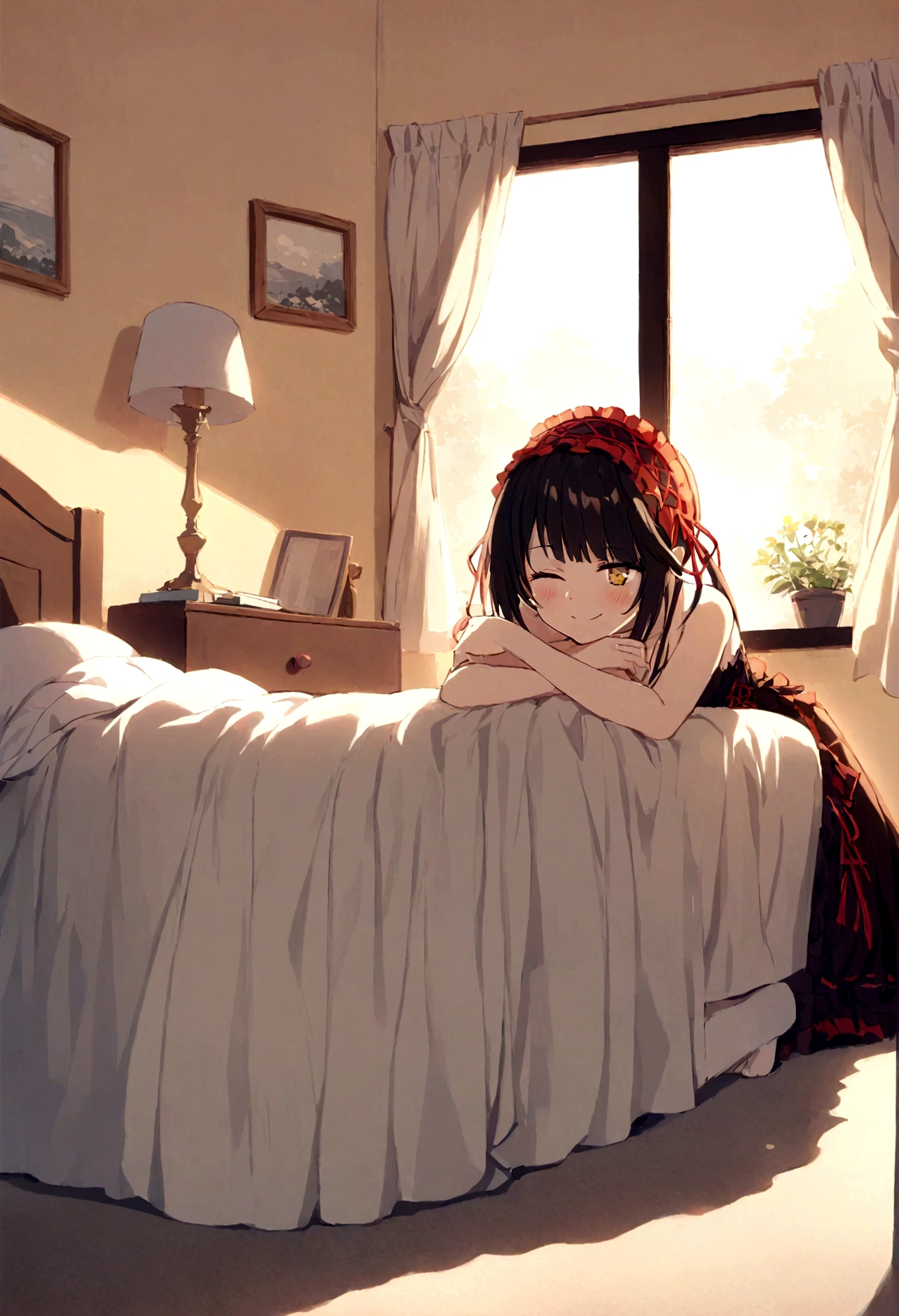 beautiful smile, inside bedroom, sleepy face, sleepy eye, afternoon, Tokisaki Kurumi, full body