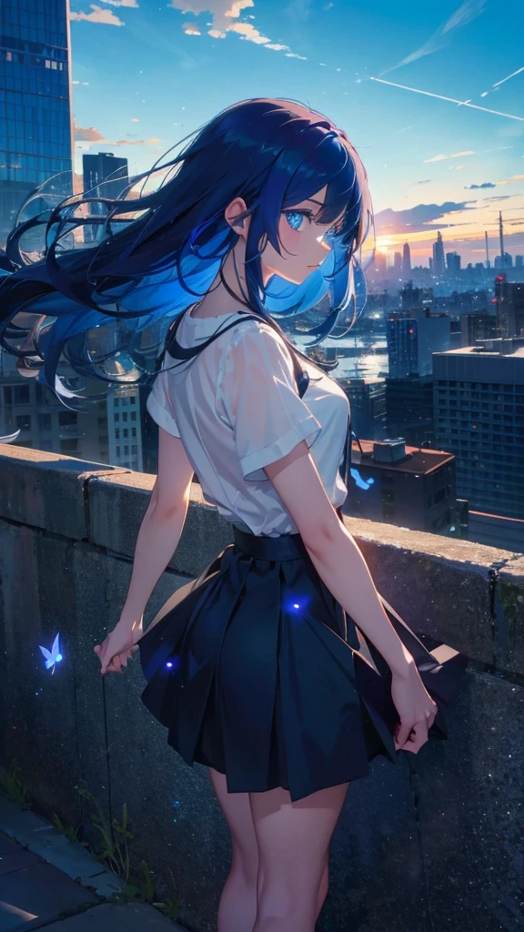 1 anime girl, alone,blue hair,Blue shining jewel eyes,Black petals flutter, A mysteriously shining butterfly.blue sky,city,Vivid blue hair,bright blue jewel eyes,thin legs,cloudy sky,very clear,highest quality,Are standing,Straight Hair,morning,Mid-length skirt,City of Sunsets,Looking up at the sky,profile,Look to the side
