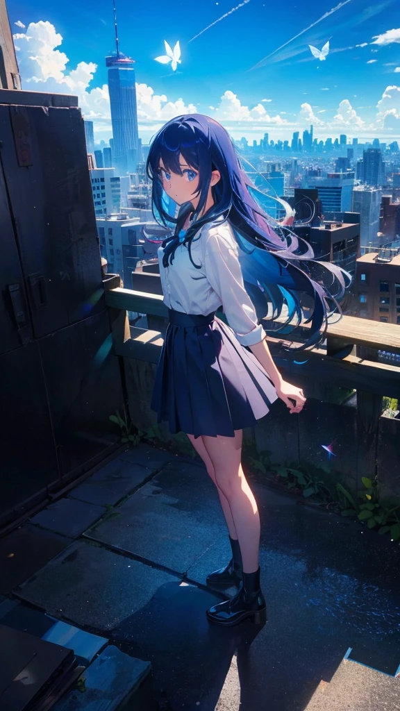 1 anime girl, alone,blue hair,Blue shining jewel eyes,Black petals flutter, A mysteriously shining butterfly.blue sky,city,Vivid blue hair,bright blue jewel eyes,thin legs,cloudy sky,very clear,highest quality,Are standing,Straight Hair,morning,Mid-length skirt,City of Sunsets,Looking up at the sky,profile,Look to the side