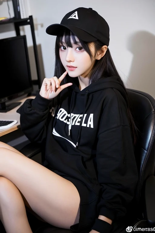 ((best quality)), ((masterpiece)), (detailed), 1girl, black hoodie, black cap , sitting on a gaming chair, beautiful straight black long hair , cute poses, cute gaze, playing mobile phone , full body picture 