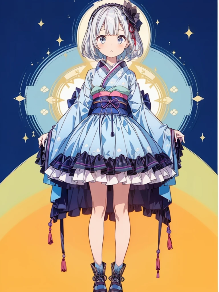 (((1girl)))、Star Fairy、vtuber-fullbody、(((highest quality、Masterpiece、The best composition、Golden Ratio、Official Art、Super detailed、Super detailedな目)))、ultra detailed, from front, headshot、 blue and white hair color、Short bangs above eyebrows、Short Hair、Standing in front of the viewer、A galaxy patterned outfit made from a remake of kimono and gothic lolita, with dark blue and light blue as the main colors.、mini skirt、The sleeves are long and the hands are hidden、Knee-high boots、Pure white simple background、