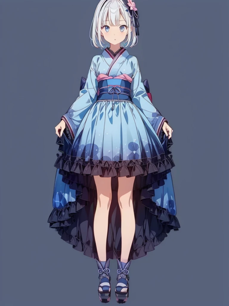 (((1girl)))、Star Fairy、vtuber-fullbody、(((highest quality、Masterpiece、The best composition、Golden Ratio、Official Art、Super detailed、Super detailedな目)))、ultra detailed, from front, headshot、 blue and white hair color、Short bangs above eyebrows、Short Hair、Standing in front of the viewer、A galaxy patterned outfit made from a remake of kimono and gothic ta, with dark blue and light blue as the main colors.、mini skirt、The sleeves are long and the hands are hidden、Knee-high boots、Pure white simple background、