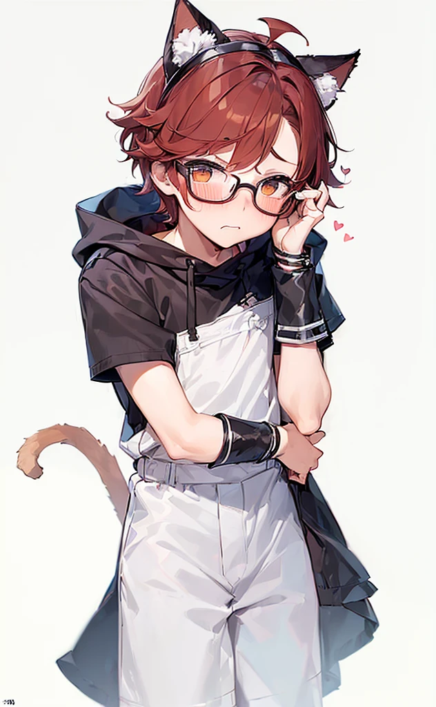 (((Boy with cat ears))), 8k, ((best quality)), 7 yease old, very cute, orange hair, (((very blush))), Wear glasses, 
