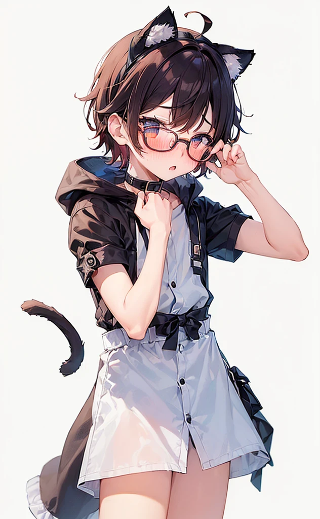 (((Boy with cat ears))), 8k, ((best quality)), 7 yease old, very cute, orange hair, (((very blush))), Wear glasses,