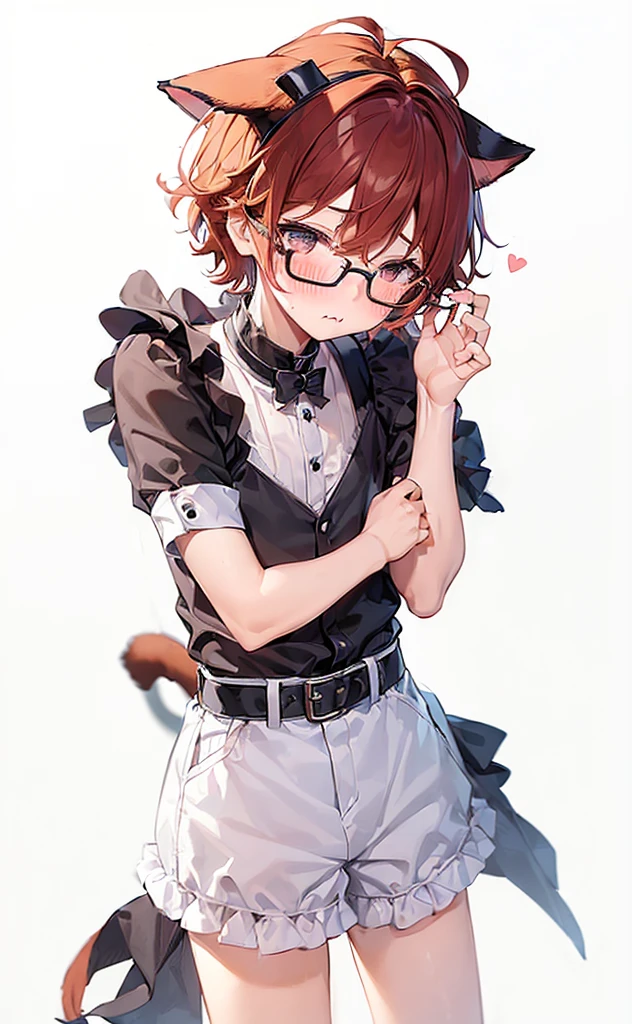 (((Boy with cat ears))), 8k, ((best quality)), 7 yease old, very cute, orange hair, (((very blush))), Wear glasses,