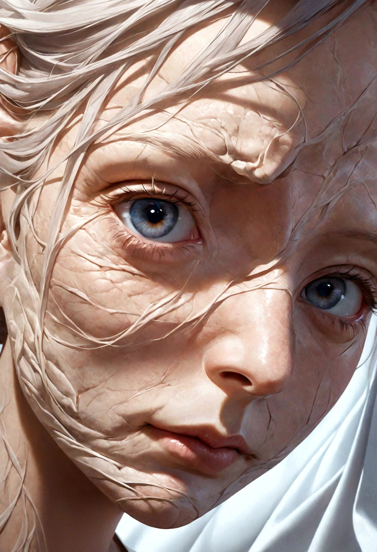 closeup hyperrealistic image of woman face with wrinkled skin