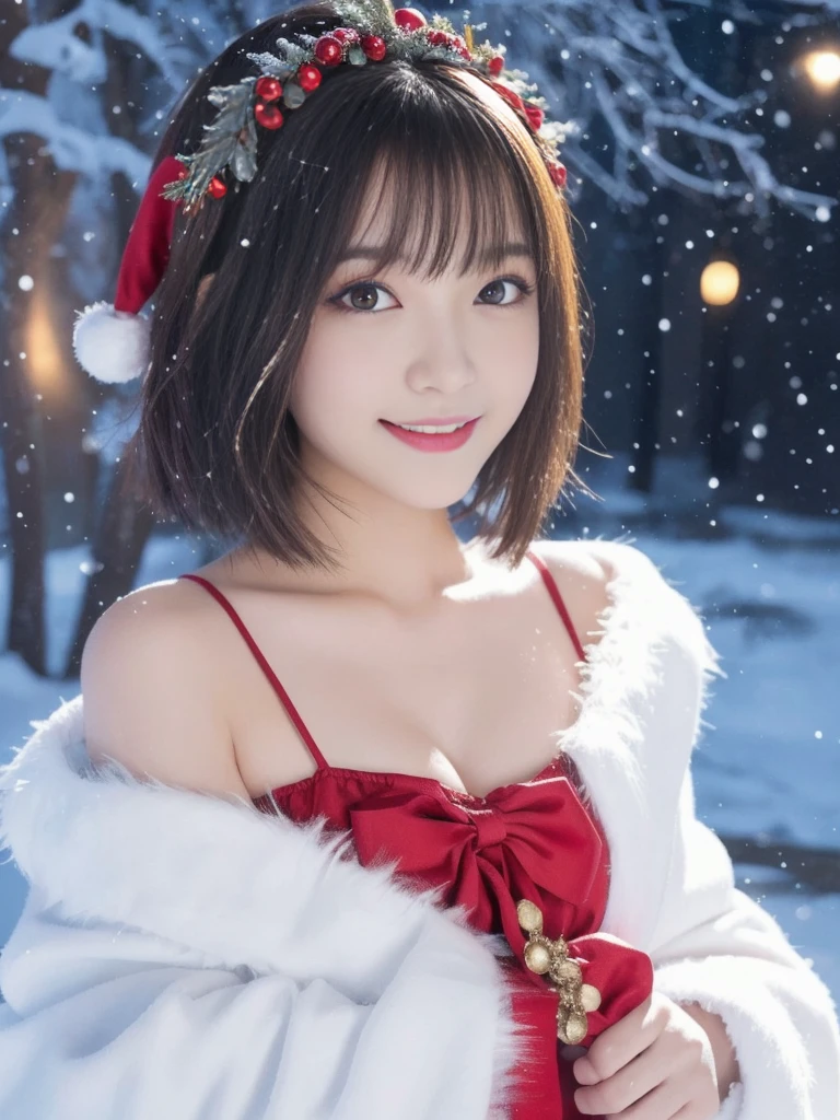1girl, santa claus costume, symmetry, beautiful cute girl, slender figure, (ultra short hair:1.5), ultra big smile, Beautiful large round droped detailed eyes, beautiful detailed lips, extremely detailed face, natural makeup, (best quality,4k,8k,highres,masterpiece:1.2),(ultra-detailed,realistic,photorealistic,photo-realistic:1.37),professional,vivid colors,studio lighting,snowing night town,christmas eve