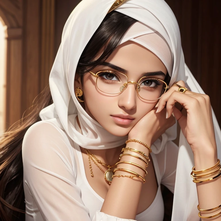 A beautiful high school glasses Arabian 17 years old girl model, white skin, sharp nose, thin lips, circle face, tight bra, wearing hijab, golden indian bangle and bracelet, golden necklace, golden swiss polo watch, kissing a man, squinting eyes, detailed horny face