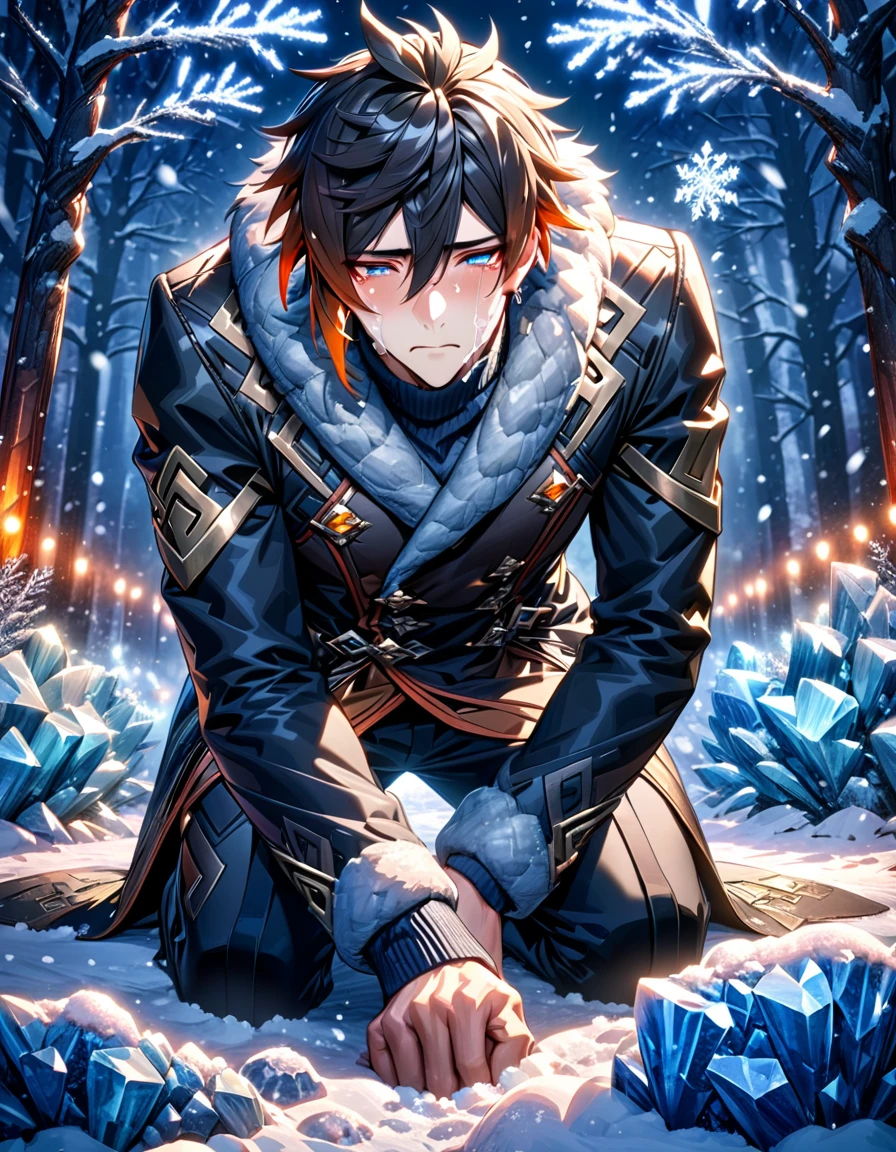 absurdres, highres, ultra detailed, HDR, master piece, best quality, extremely detailed face, Zhongli, black hair, expressive blue eyes, black coat with fur, black sweater, solo, handsome, sexy man kneeling down on the snow, snowing, ice trees, snowflakes, sadness, sad, crying 