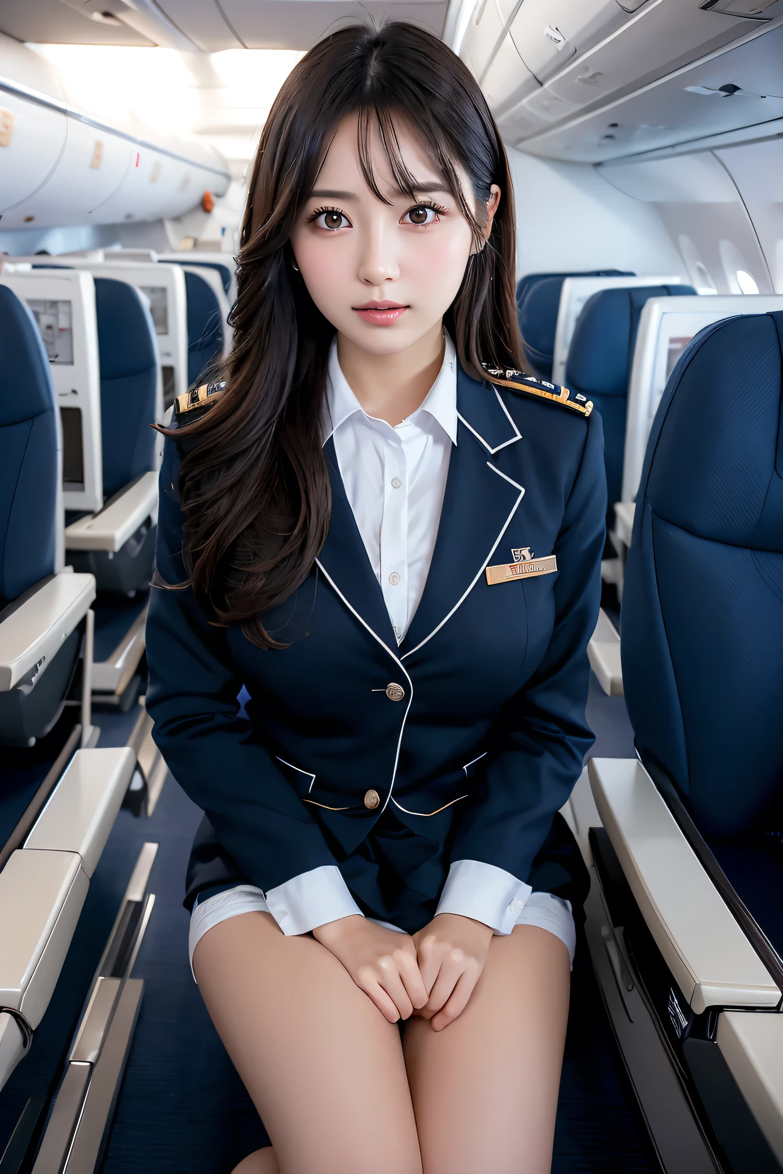 highest quality, masterpiece, 8k, Ultra-high resolution, (Realistic: 1.4), 1 girl, Beautiful Face, Symmetrical eyes, big, Perfect figure, Stewardess Uniform, Viewer Perspective, (Inside the plane: 1.2), Front view, Shoulder jump, Absolute area (1.3),
