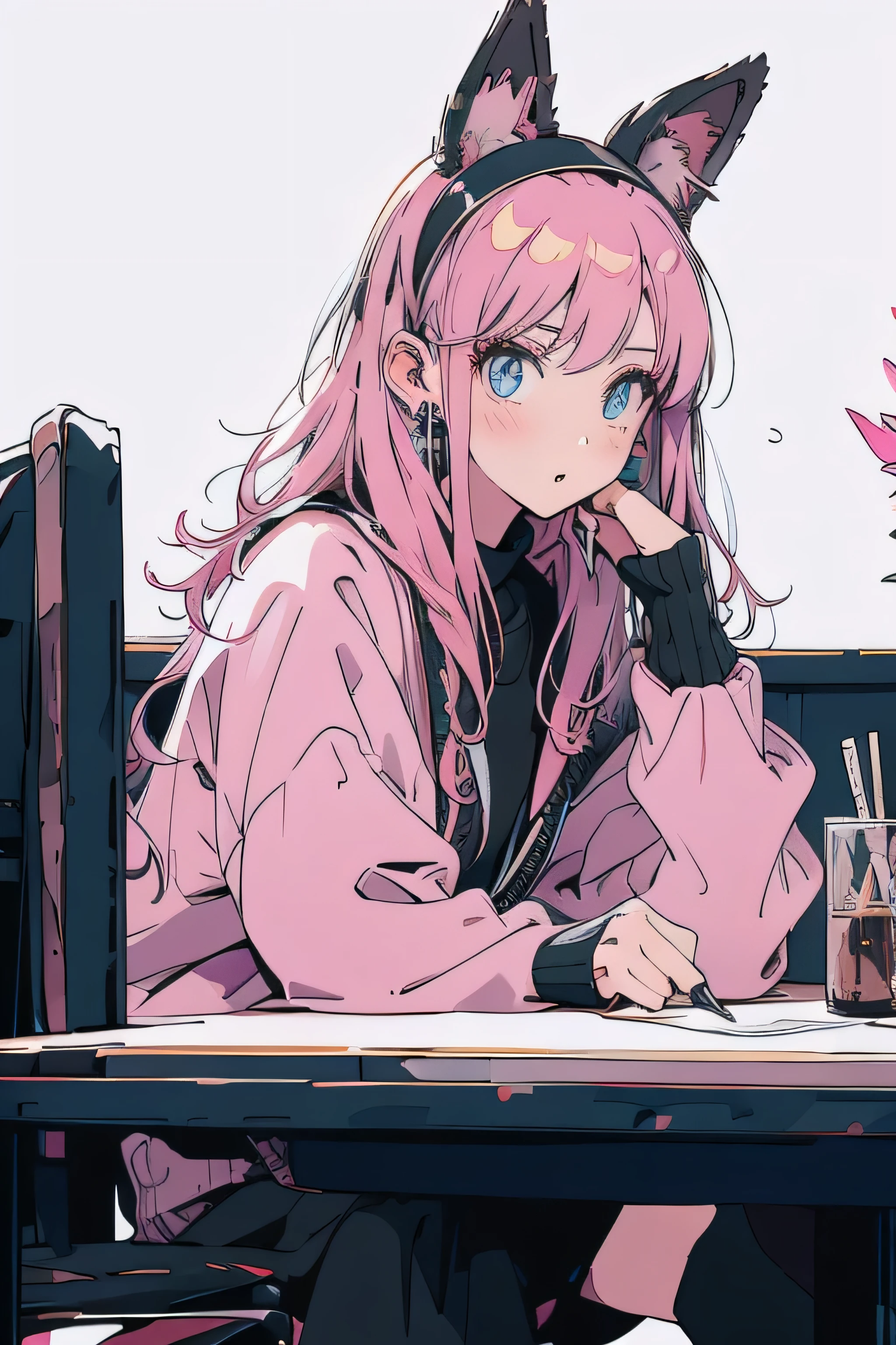 Pink Hair，Black clothes，White Background，Facing right front，Surprised expression，with headband，Double Tail,Studying at the table,lofi,chill,Private room