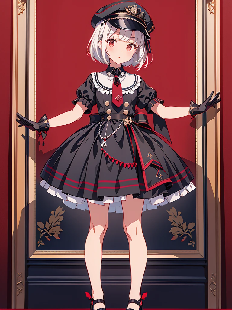 1girl、highest quality、vtuber-fullbody、Milky white short hair、Masterpiece、Official Art、The best composition、Standing in front of the viewer、Simple Background、Black and red gothic military、m1l1t4ry, necktie, black gloves, black dress, peaked cap, puffy dress, short sleeves,