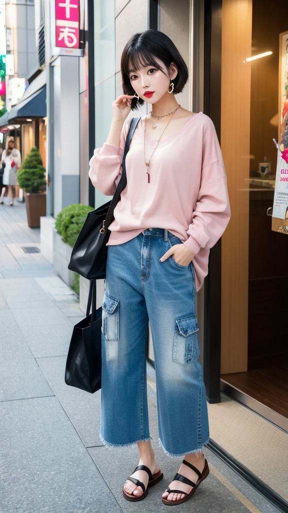 (8k, Photorealistic, Raw photo, Highest quality: 1.4),Japanese idol style1Beautiful girl of the person,20-year-old,Short bob hairstyle,Black Hair,Hang your hair over your ears,Wearing small earrings in the ears,Big, clear grey eyes,Long eyelashes,Plump Cheeks,She is wearing pink lipstick,Apply gloss over your lipstick for glossy, plump lips,A short pendant hangs around her neck.,bigTWearing a shirt,He is wearing denim cargo pants that cover his ankles.,wearing sandals on bare feet,A brown basket-shaped tote bag is hanging from her shoulder.,Shibuya City,Full body portrait