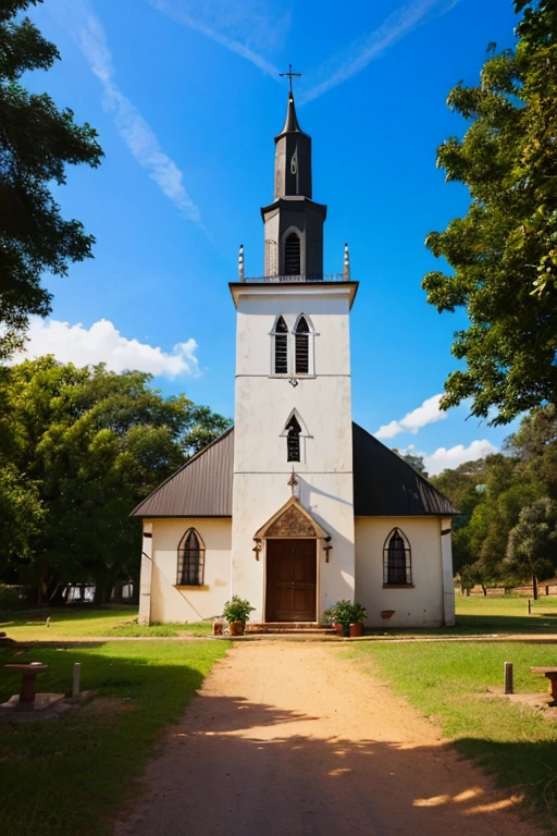 ~small Catholic church in a country town, com janelas com artes sacras e pintura amarelada