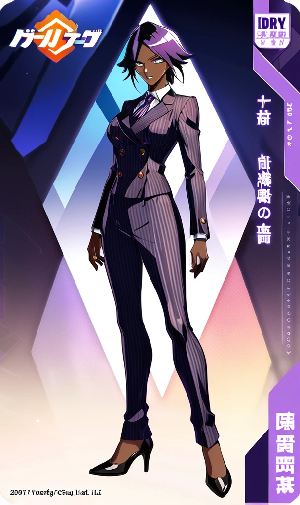 Full body Yoruichi as a thin Black business woman in a double breasted pinstripe purple skirt suit while wearing a tie with a very long purple pinstripe skirt full art