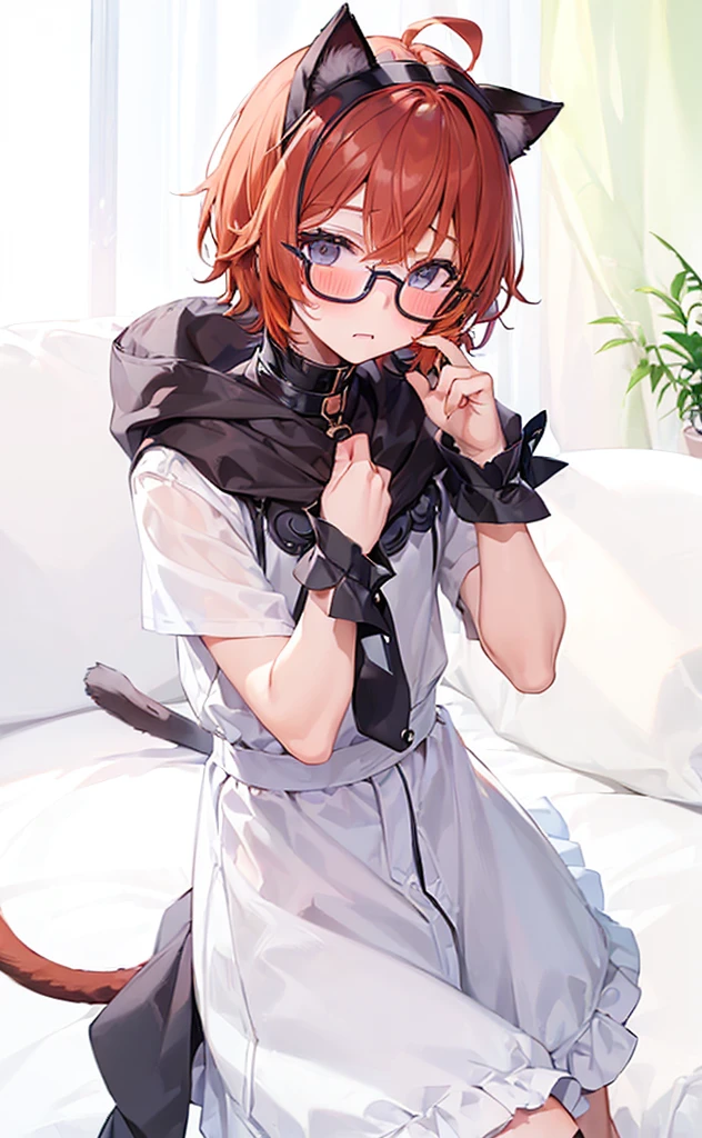 (((Boy with cat ears))), 8k, ((best quality)), 7 yease old, very cute, orange hair, (((very blush))), Wear glasses, 