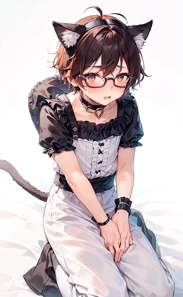 (((Boy with cat ears))), 8k, ((best quality)), 7 yease old, very cute, orange hair, (((very blush))), Wear glasses, 