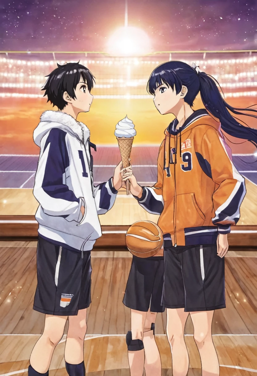 hinata shoyo and kageyama looking at each other like a cute couple, hugging each other in matching clothes. cute, kawaii, sexy, winter sunset eating house ice cream while watching a volleyball game
