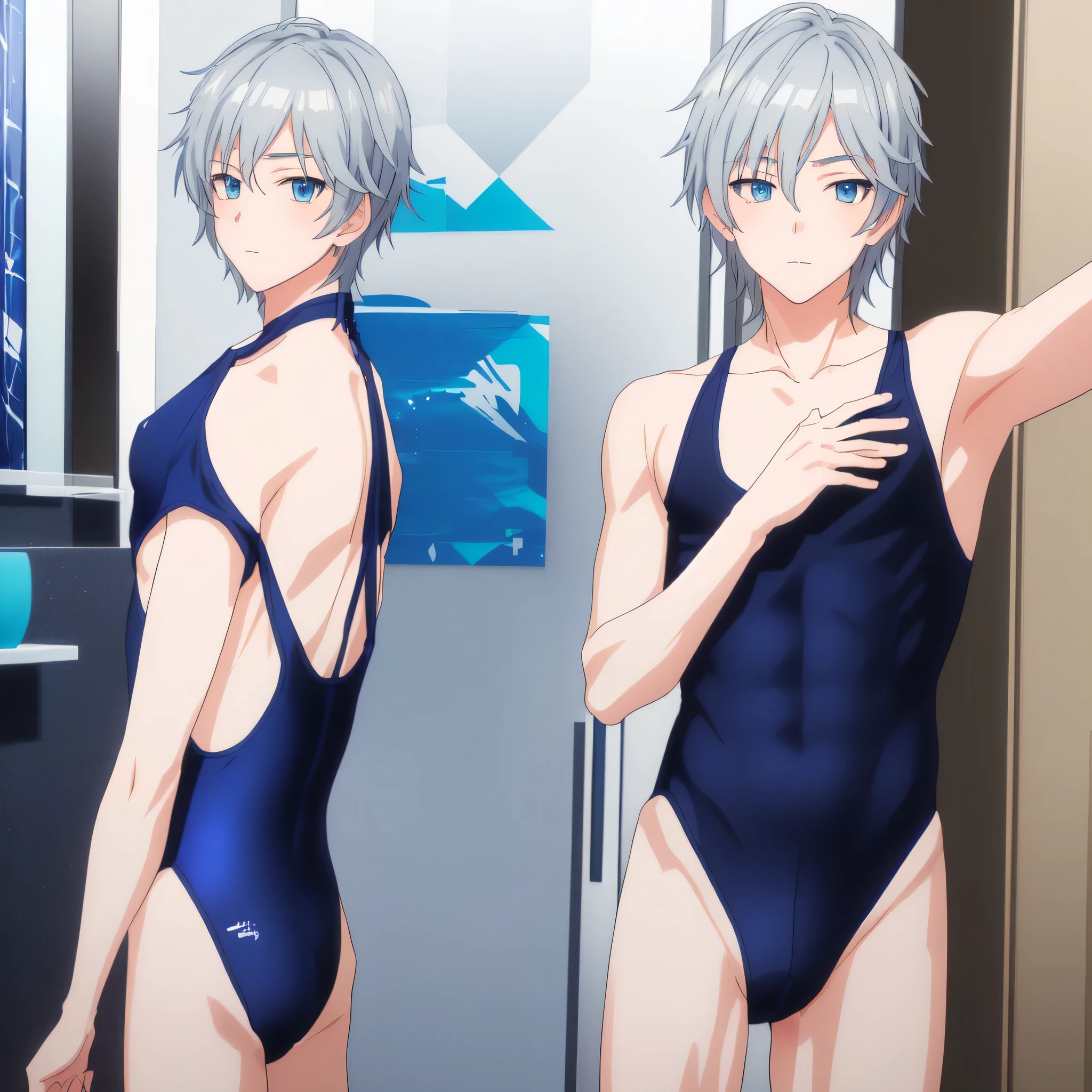 Anime boy in a dark blue swimsuit standing in a bathroom、Anastasia as a boy、1 boy、solo、Silver Hair、Short Hair、Blue Eyes、Enchanting anime boy、Naughty anime style、clothing:girl's swimsuit、whole body close-up shot、The shoulders of the swimsuit are tank top style with no decoration.、wearing a girl's school swimsuit、The swimsuit is a leotard type with a high cut waist.、Tight swimsuit、Silver Hair boy、looking at viewer、Cowboy Shot、Japanese student swimsuit、crossdressing、perfect body、perfect hands、(male body:1.3)、Anime male whole body art、Beautiful and attractive anime men、whole body portrait of a short!, !!whole body portrait!!, whole body!!, Beautiful anime boy standing、He is wearing a wet swimsuit、