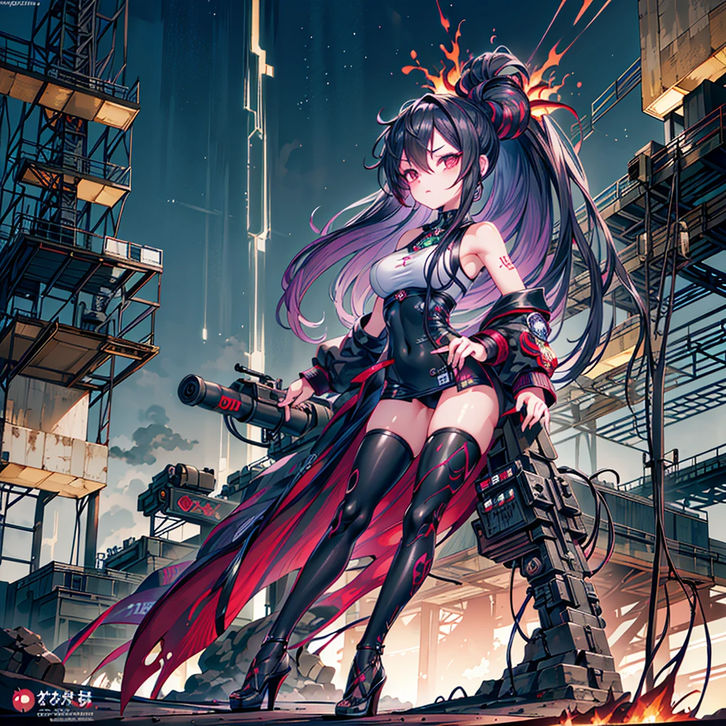 (masterpiece, highest quality), (Perfect athletic body:1.2), (Fine hair), Super detailed, Anime Style, whole body, Cyberpunk Egg Runner Girl, Scorched black mechanical limbs, ((black purple flame fist)), Sea green two top knot hairstyle with red eyes, Wearing a rage cape and cyberpunk outfit. Standing on burnt ground, 8K High Resolution, White Background, whole body, Overall view,