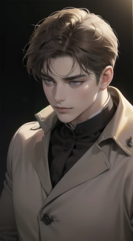 masterpiece, best quality, realistic, 1man, mature male, quiet and charming young man, 25 years old, close his eyes, serious look, extremely detailed face, smirk, ((dark grey eyes)), ((short-right-swept dark brown hair)), [thick eyebrows], detective, Black background, Victorian era, cinematic lighting, background size is more than the man