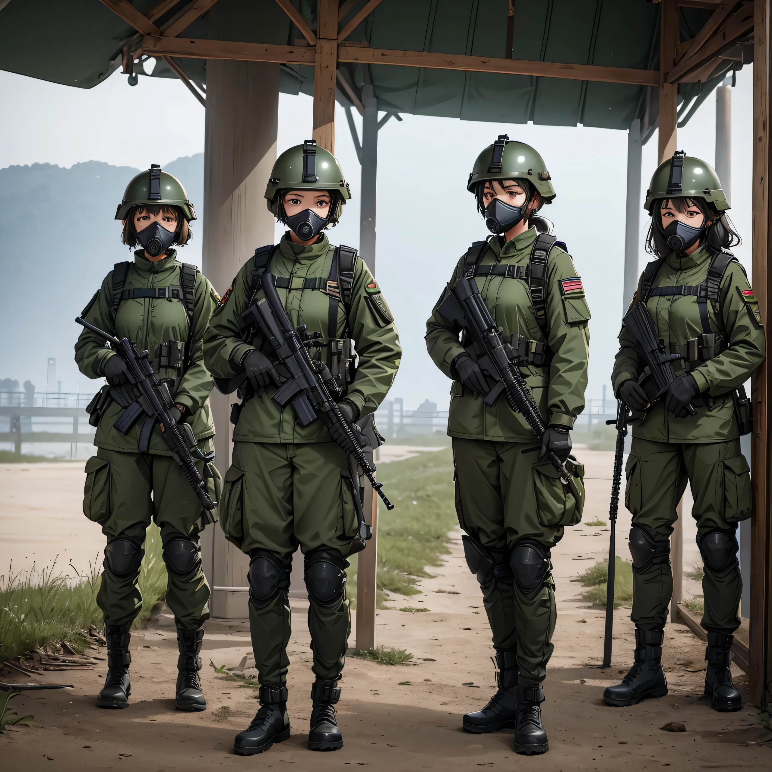 Only show the area above the feet、Three female soldiers in helmets standing guard、wearing gas masks、Wear goggles、Wearing dark green M-51 military uniform、side by side、Write details、masterpiece、best quality、Highly detailed CG、8K picture quality