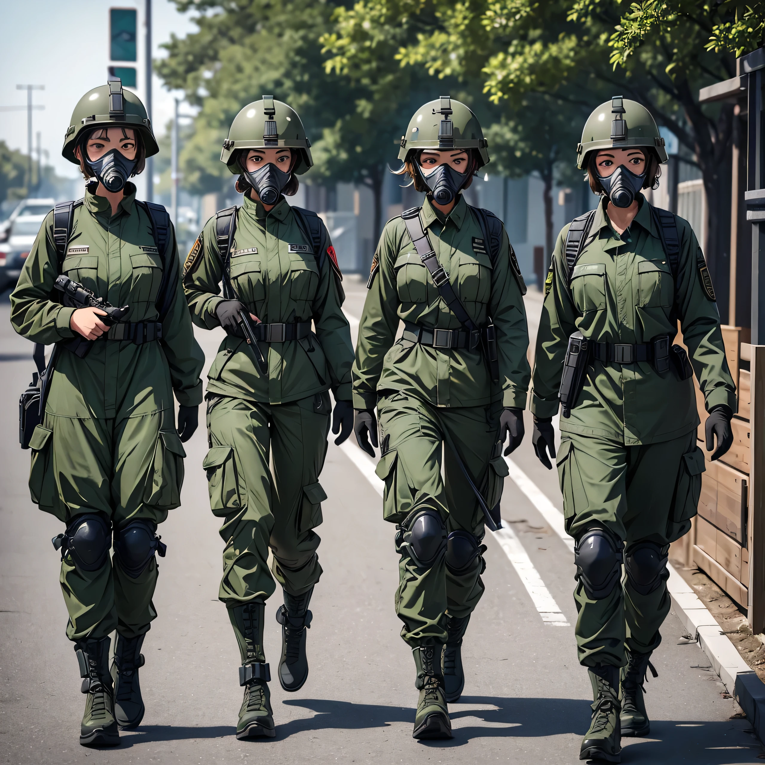 Three female soldiers in helmets standing guard、wearing gas masks、Wear goggles、Wearing dark green M-51 military uniform、Walking side by side、Show only the part above the feet、Write details、masterpiece、best quality、Highly detailed CG、8K picture quality