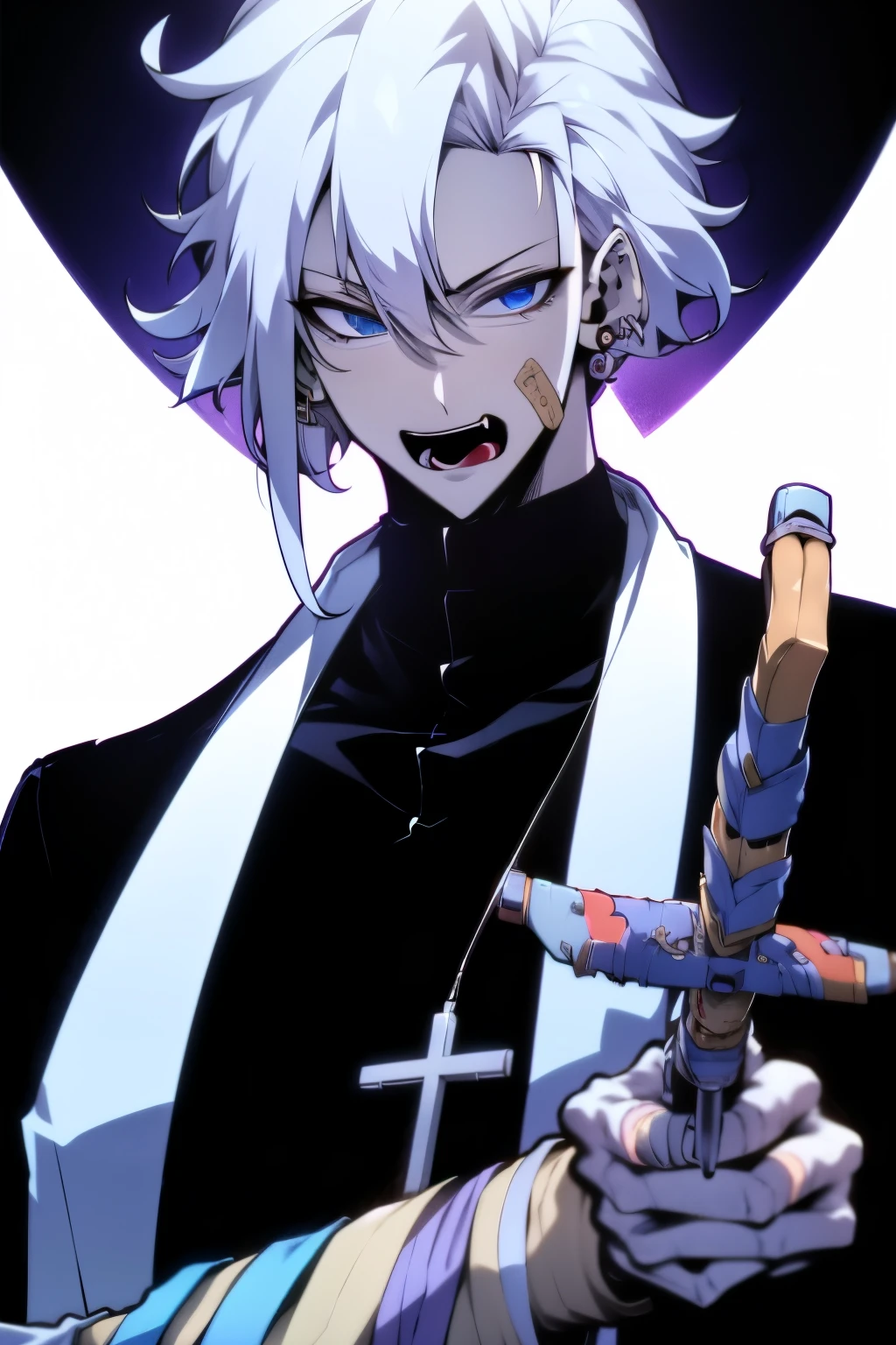 1boy, bandaid, bandaid on cheek, bandaid on face, black eyes, black shirt, blood, boxcutter, collared shirt, cross, cross earrings, ear piercing, earrings, fang, grey hair, holding, jacket, jewelry, long sleeves, looking at viewer, male focus, open mouth, pale skin, piercing, shirt, short hair, skin fang, smile, solo, syringe, upper body, white background, white hair