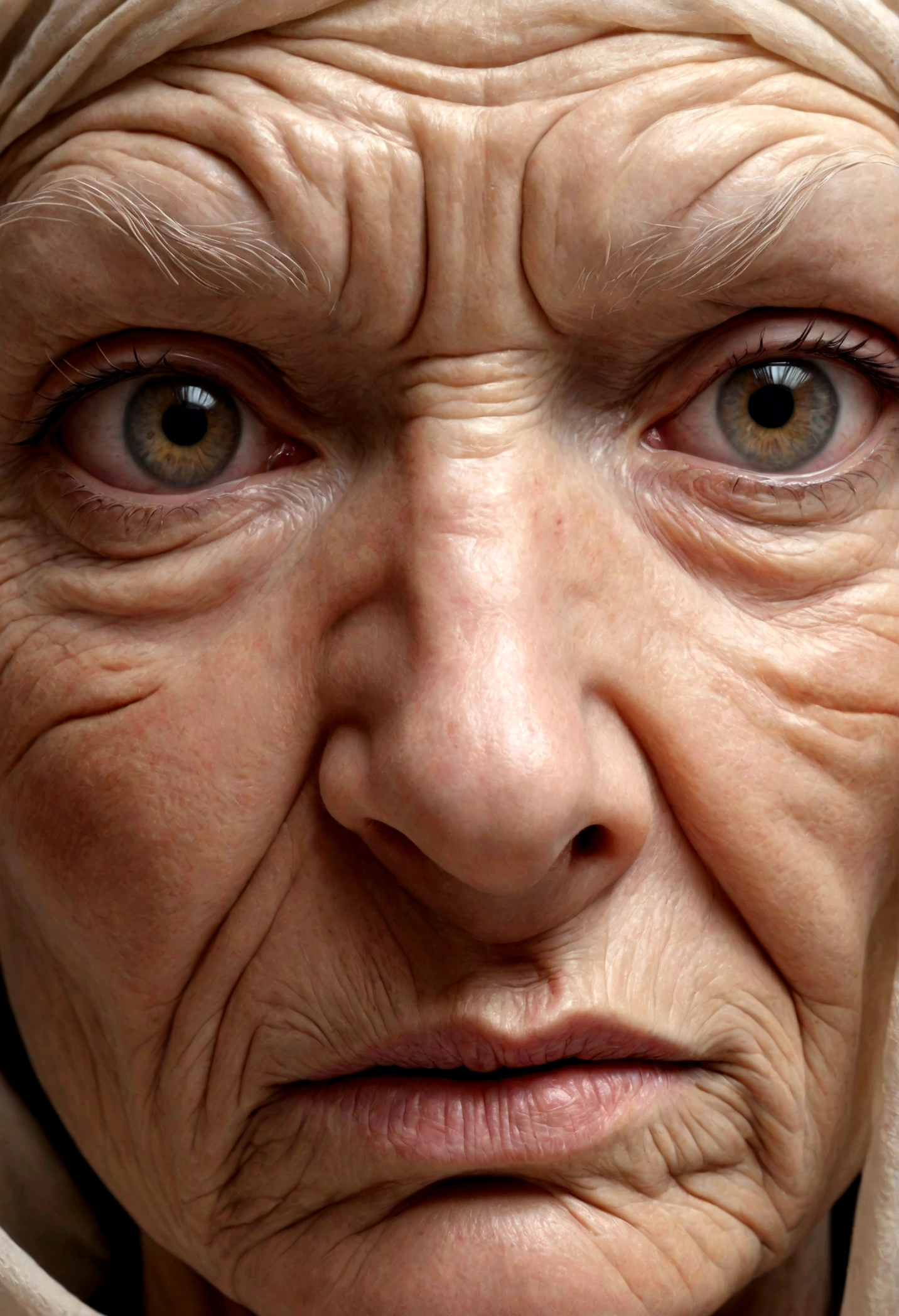 closeup hyperrealistic image of woman face with wrinkled skin
