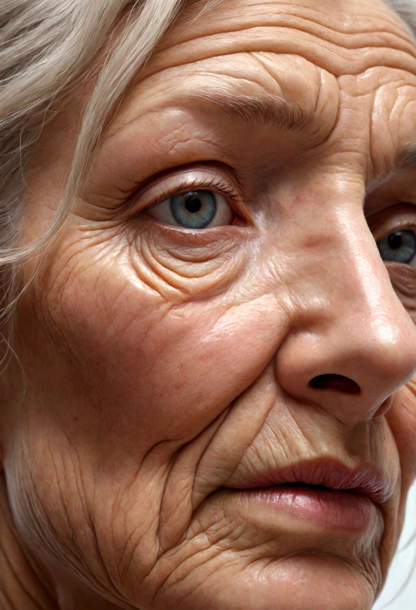closeup hyperrealistic image of woman face with wrinkled skin