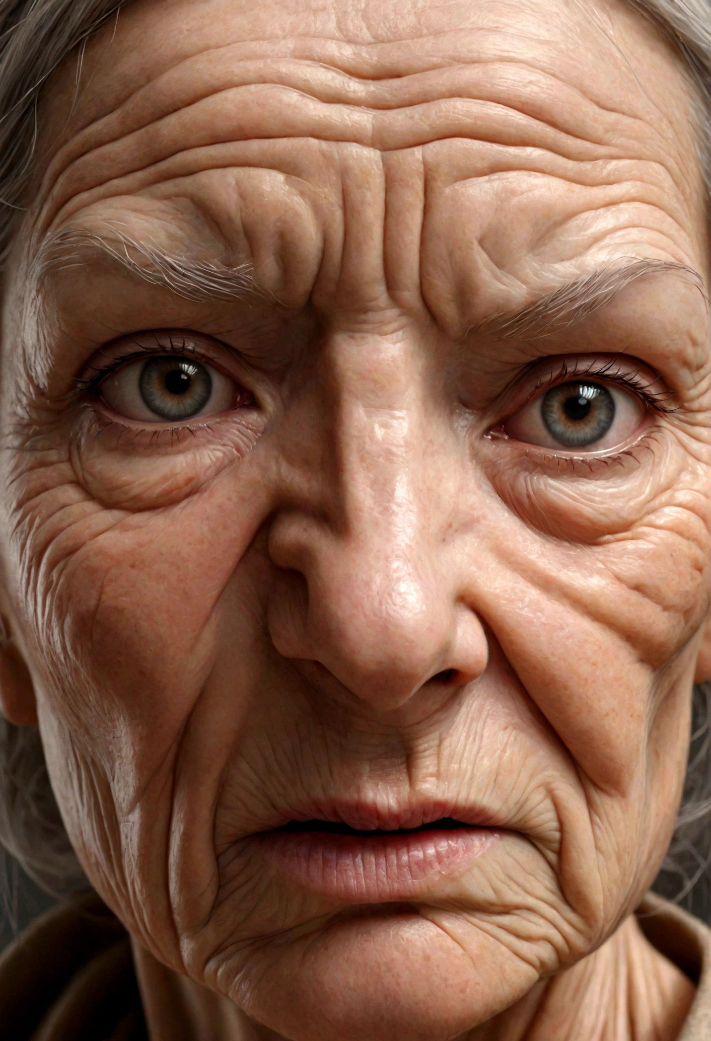 closeup hyperrealistic image of woman face with wrinkled skin