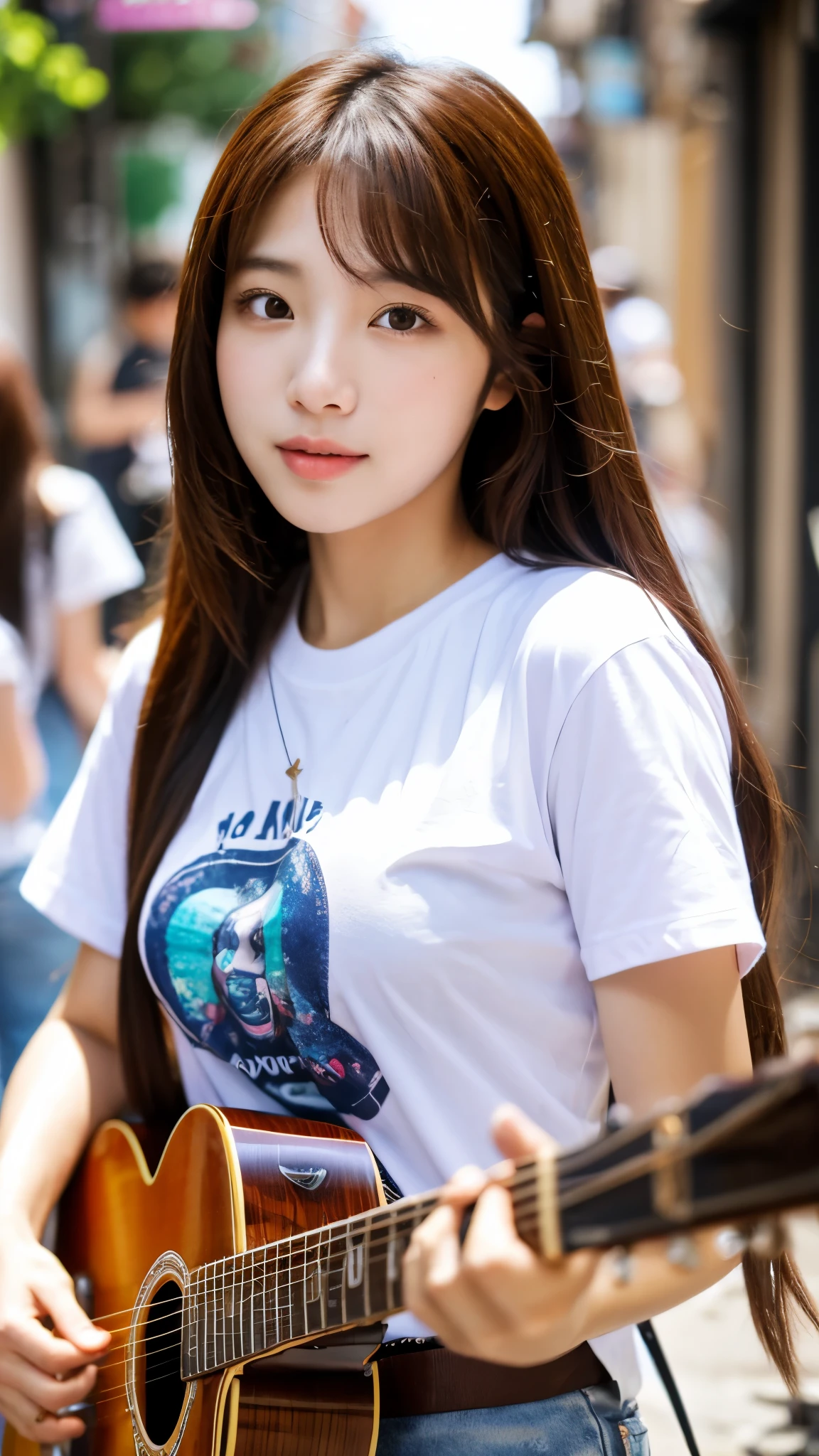 Extreme close-up of beautiful korean female, 34 inches breasts size, wearing t-shirt, playing guitar, in the alleyway, bokeh background, UHD