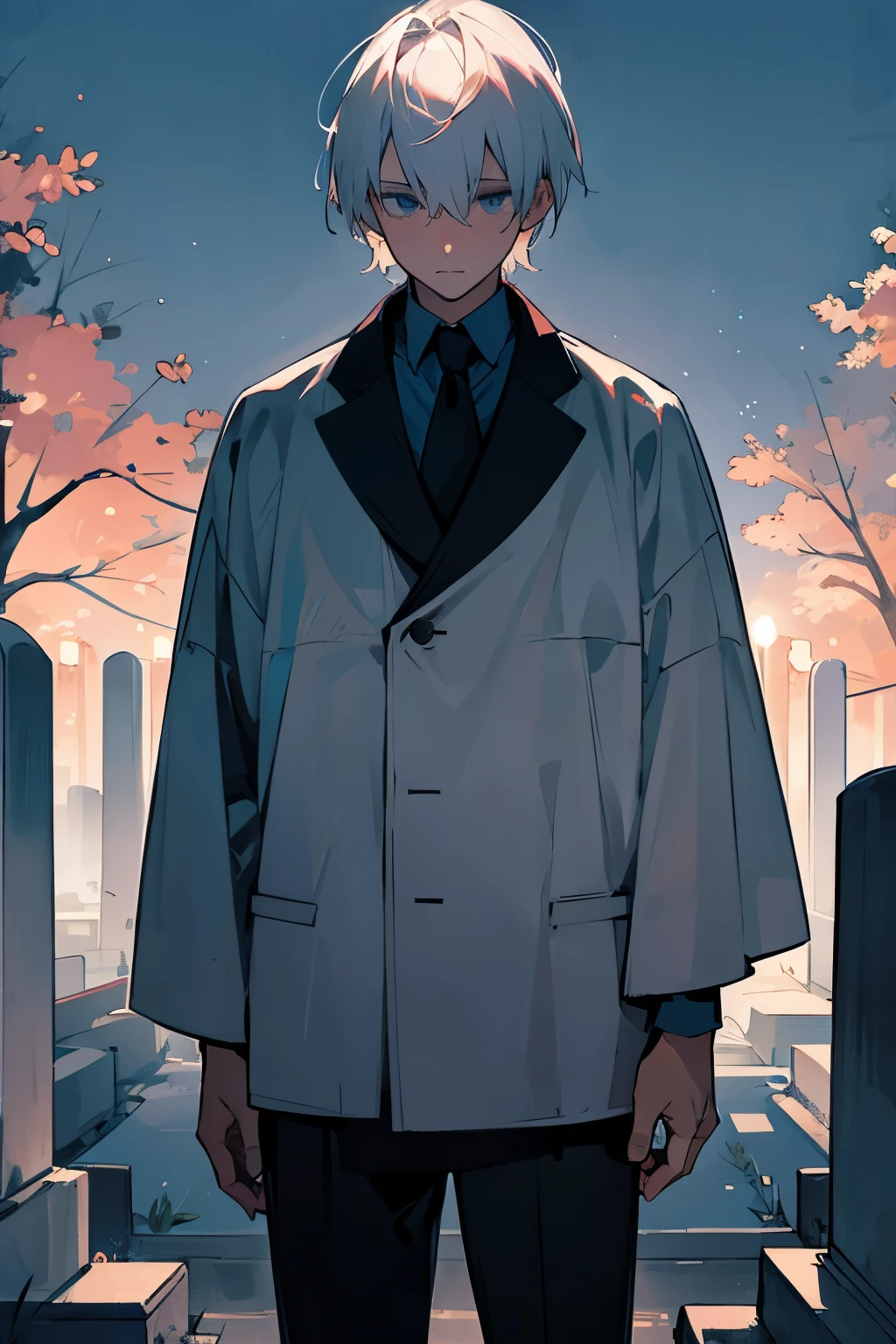 White-haired boy at night in the cemetery