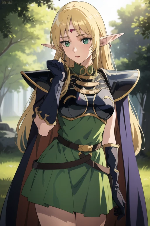 masterpiece, best quality, 1girl, solo, scenery, cowboy shot,
ANI_CLASSIC_deedlit_ownwaifu, www.ownwaifu.com, 
pointy ears, blonde hair, long hair, elf, circlet, green eyes, long pointy ears, very long hair, breasts, medium breasts, earrings, lips, makeup, bangs, 
cape, armor, blue cape, shoulder armor, pauldrons, gloves, breastplate, belt, green dress, short dress, 
