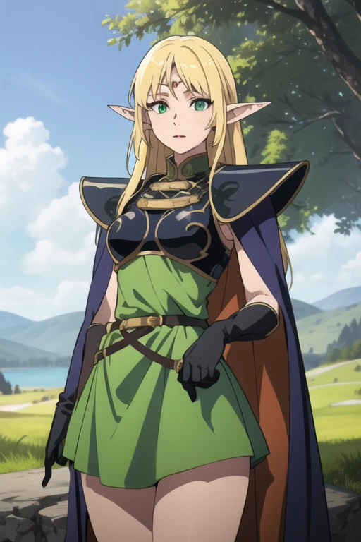masterpiece, best quality, 1girl, solo, scenery, cowboy shot,
ANI_CLASSIC_deedlit_ownwaifu, www.ownwaifu.com, 
pointy ears, blonde hair, long hair, elf, circlet, green eyes, long pointy ears, very long hair, breasts, medium breasts, earrings, lips, makeup, bangs, 
cape, armor, blue cape, shoulder armor, pauldrons, gloves, breastplate, belt, green dress, short dress, 
