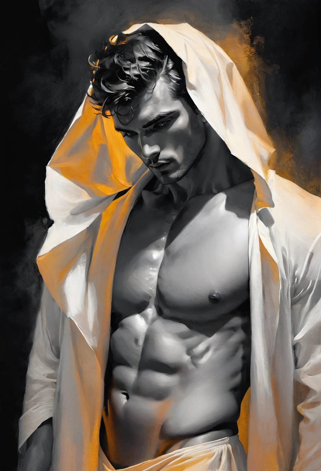 chiaroscuro technique on sensual illustration of an arafed man in white underwear, sexy masculine, diego fazio, male model, by Ludovit Fulla, model with attractive body, inspired by Ludovit Fulla, mid-shot of a hunky, the model draped in flowing, Use a gradient or a softly textured background to complement the overall tone