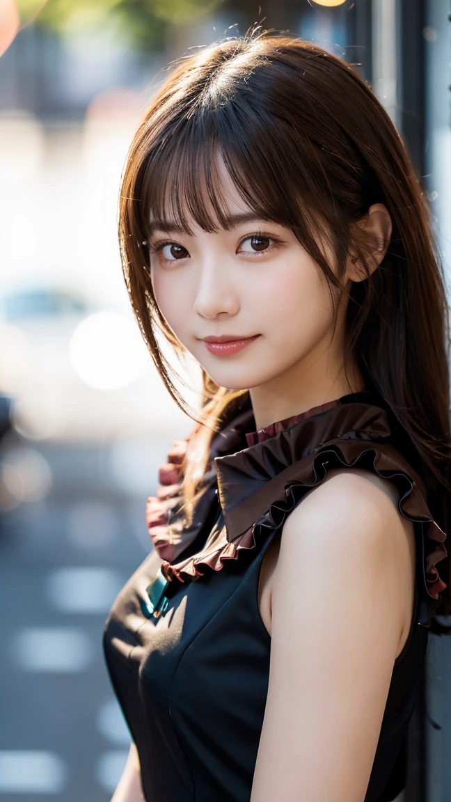 (highest quality,masterpiece:1.3,ultra high resolution),(Super detailed,caustics,8k),(photorealistic:1.4,RAW shooting),1 girl,(look at the camera with a smile),20-year-old,cute,Japanese,black hair long bronde, (Wearing a reddish brown formal dress:1.5), (Ruffled collar dress:1.5),denim shorts,big ,bust up shot,street,face focus,Natural light,Backlight,(A bright light shines from above),(Lens flare),professional writing,(low position),(Low - Angle)