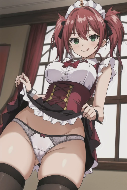 (((Shelia))), fairy tale, anime art style, One girl, alone, Dressed, View Viewer, Maid clothes, hair_ribbon, red面する, hair_between_eye, ((spike_Twin tails, spike_hair)), green_eye, ((red_hair)), Parody, style_Parody, anime_Coloring, short woman, woman, Big Breasts, Maid hat, Thick thighs, Thigh-high socks, indoor, high quality, 最high quality, masterpiece, Are standing, (Embarrassing, shy), Skin dents, window, Slim waist, cuffs, :) , Sticking out tongue, Cute Panties, Garment Lift, Buttocks folds, Camel Toe, 片eyeを閉じて, 股between,pussy,