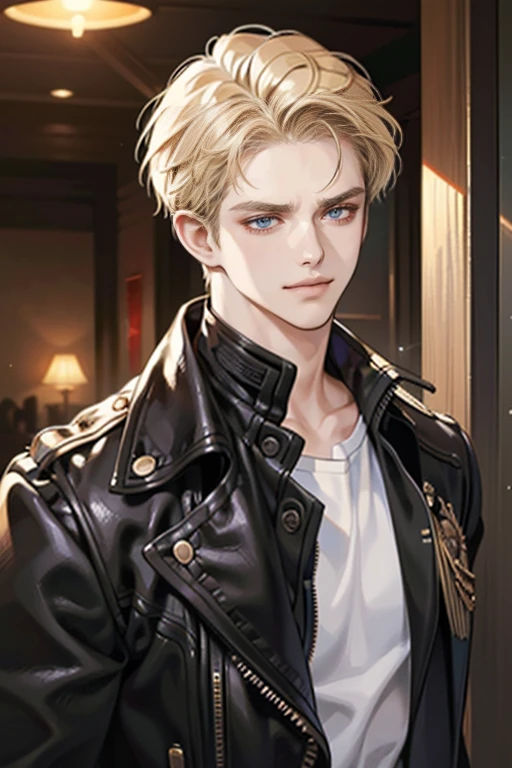 (tmasterpiece, high resolution, ultra - detailed:1.0), (1 boy, Young male, masculine face), Perfect male body, Adult male, Delicate eyes and delicate face, Extremely detailed CG, Unity 8k wallpaper, Complicated details, Detailed face, (blond hair, messy hair, serious faces, white T-shirt,Bad students), (frown,evil smile:1.3), hand in pocket, school corridor,black leather jacket, color difference, Depth of field, dramatic shadow, Ray tracing, Best quality, Cinematic lighting, offcial art,Portrait