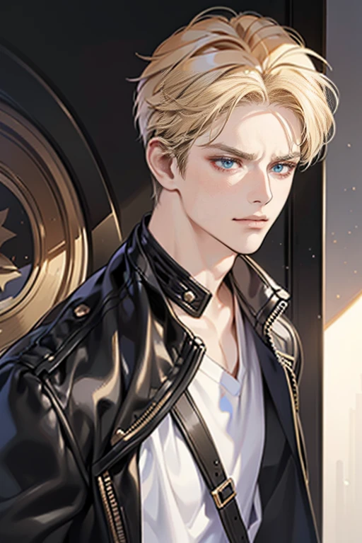 (tmasterpiece, high resolution, ultra - detailed:1.0), (1 boy, Young male, masculine face), Perfect male body, Adult male, Delicate eyes and delicate face, Extremely detailed CG, Unity 8k wallpaper, Complicated details, Detailed face, (blond hair, messy hair, serious faces, white T-shirt,Bad students), (frown,evil smile:1.3), hand in pocket, school corridor,black leather jacket, color difference, Depth of field, dramatic shadow, Ray tracing, Best quality, Cinematic lighting, offcial art,Portrait