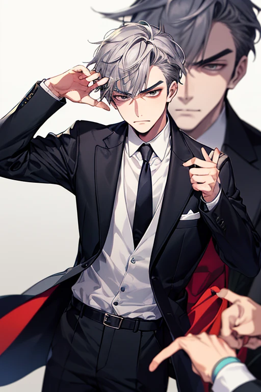 1 boy, face focus, adult, suit, Jacket, white shirt, tie, pants, highest quality, facial details, detailed background, background bokeh、gray hair、mafia、grumpy face