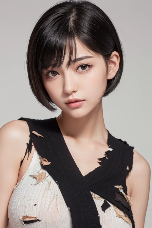 (High resolution:1.3), (16k, Photorealistic, Raw photo, Best image quality: 1.4), Japanese, (One Girl), Beautiful Face, (A vivid face), (Black-haired、short hair:1.3), Beautiful Hairstyles, Realistic eyes, Beautifully detailed eyes, (Realistic Skin), Beautiful skins, attractive, 超A high resolution, Surreal, High detail, Golden Ratio, Highly detailed cute girl,(20-year-old), (Torn clothes:1.5), Nipples, (labia majora)