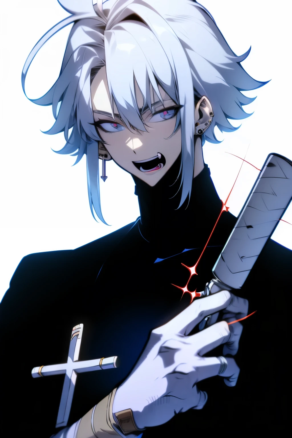 1boy, bandaid, bandaid on cheek, bandaid on face, black eyes, black shirt, blood, boxcutter, collared shirt, cross, cross earrings, ear piercing, earrings, fang, grey hair, holding, jacket, jewelry, long sleeves, looking at viewer, male focus, open mouth, pale skin, piercing, shirt, short hair, skin fang, smile, solo, syringe, upper body, white background, white hair