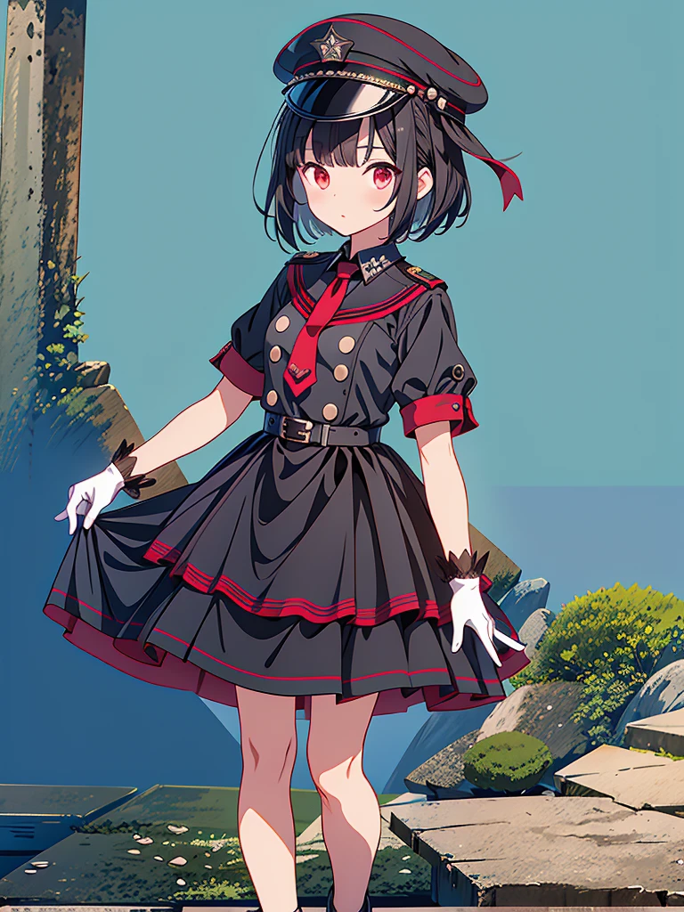 1girl、highest quality、vtuber-fullbody、Milky white short hair、Masterpiece、Official Art、The best composition、Standing in front of the viewer、Simple Background、Black and red gothic military、m1l1t4ry, necktie, black gloves, black dress, peaked cap, puffy dress, short sleeves,