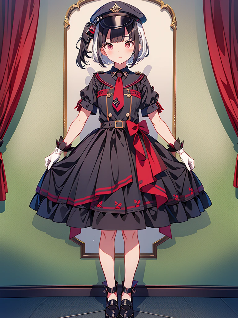 1girl、highest quality、vtuber-fullbody、Milky white short hair、Masterpiece、Official Art、The best composition、Standing in front of the viewer、Simple Background、Black and red gothic military、m1l1t4ry, necktie, black gloves, black dress, peaked cap, puffy dress, short sleeves,