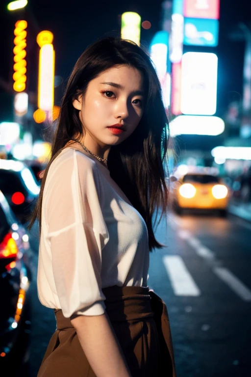 (Cinematic aesthetics:1.4) Bokeh city night photo of beautiful Korean fashion model