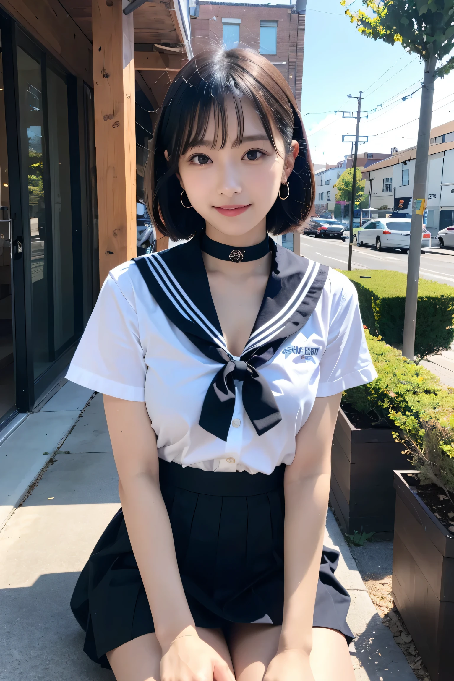 One girl, Front hair, black_choker, black_hair, green_Sailor_collar, green_skirt, Bush, choker, collarbone, Day, Earrings, flower, jewelry, lips, Looking_in_Audience, Outdoor, plant, pleined_skirt, Potted plants_plant, road, Sailor_collar, School_uniform, serafuku, shirt, short_hair, short_sleeve, Sitting, skirt, smile, One person in, stage,