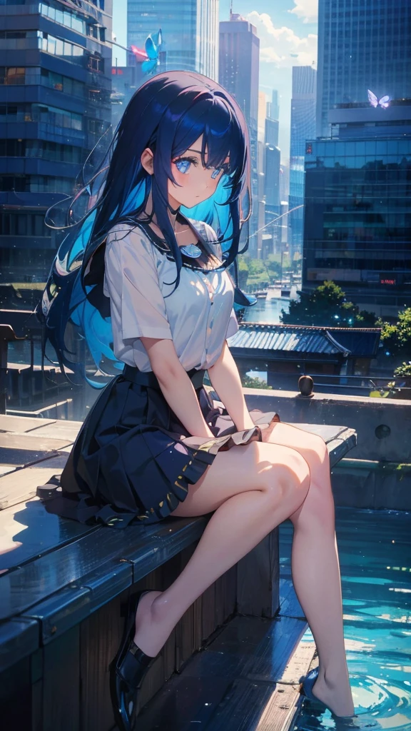 1 anime girl, alone,blue hair,Blue shining jewel eyes,Black petals flutter, A mysteriously shining butterfly.blue sky,city,Vivid blue hair,bright blue jewel eyes,thin legs,cloudy sky,very clear,highest quality,Straight Hair,morning,Mid-length skirt,City of Sunsets,Looking up at the sky,profile,Look to the side,Sitting
